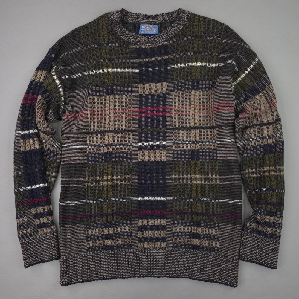 Vintage Pendleton Sweater Mens Large Multicolor Plaid Wool Knit USA 80s